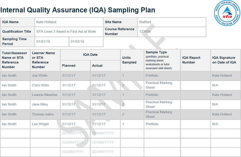 An example completed on a Safety Training Awards IQA sample plan.